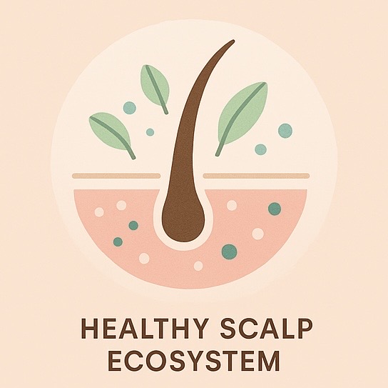 "Illustration of a healthy scalp ecosystem with balanced microbiome and hair follicle"